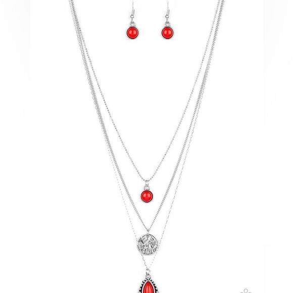 Silver color 3 tiered necklace with red bead accents - Picture 2 of 3